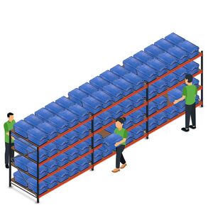 Voordeelrij AR bakkenkast 2000x6958x1200, 3 secties 4 niveaus met 120 distributiebakken Voordeelrij AR bakkenkast 2000x6958x1200, 3 secties 4 niveaus met 120 distributiebakken