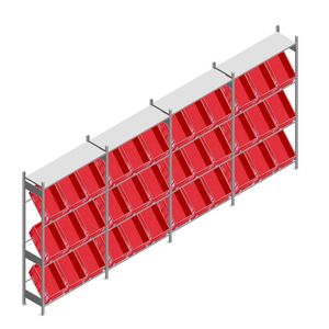 Voordeelrij bakkenstelling HD met 3 niveaus bakken en 1 niveau legbord 2500x5200x400mm (hxbxd) 4 secties Voordeelrij bakkenstelling HD met 3 niveaus bakken en 1 niveau legbord 2500x5200x400mm (hxbxd) 4 secties